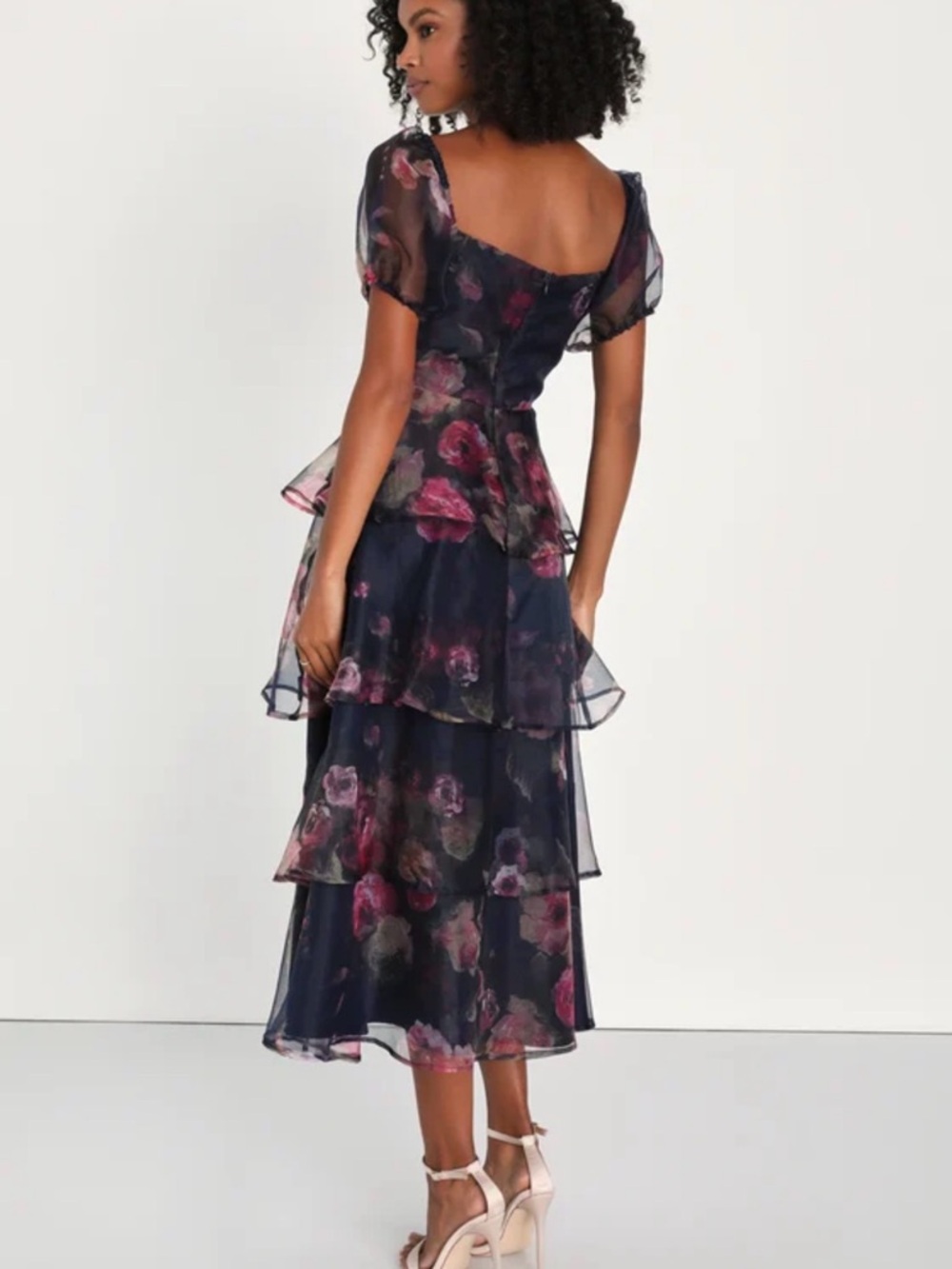 NWT Lulu's Blue Floral Organza Tiered Midi Dress